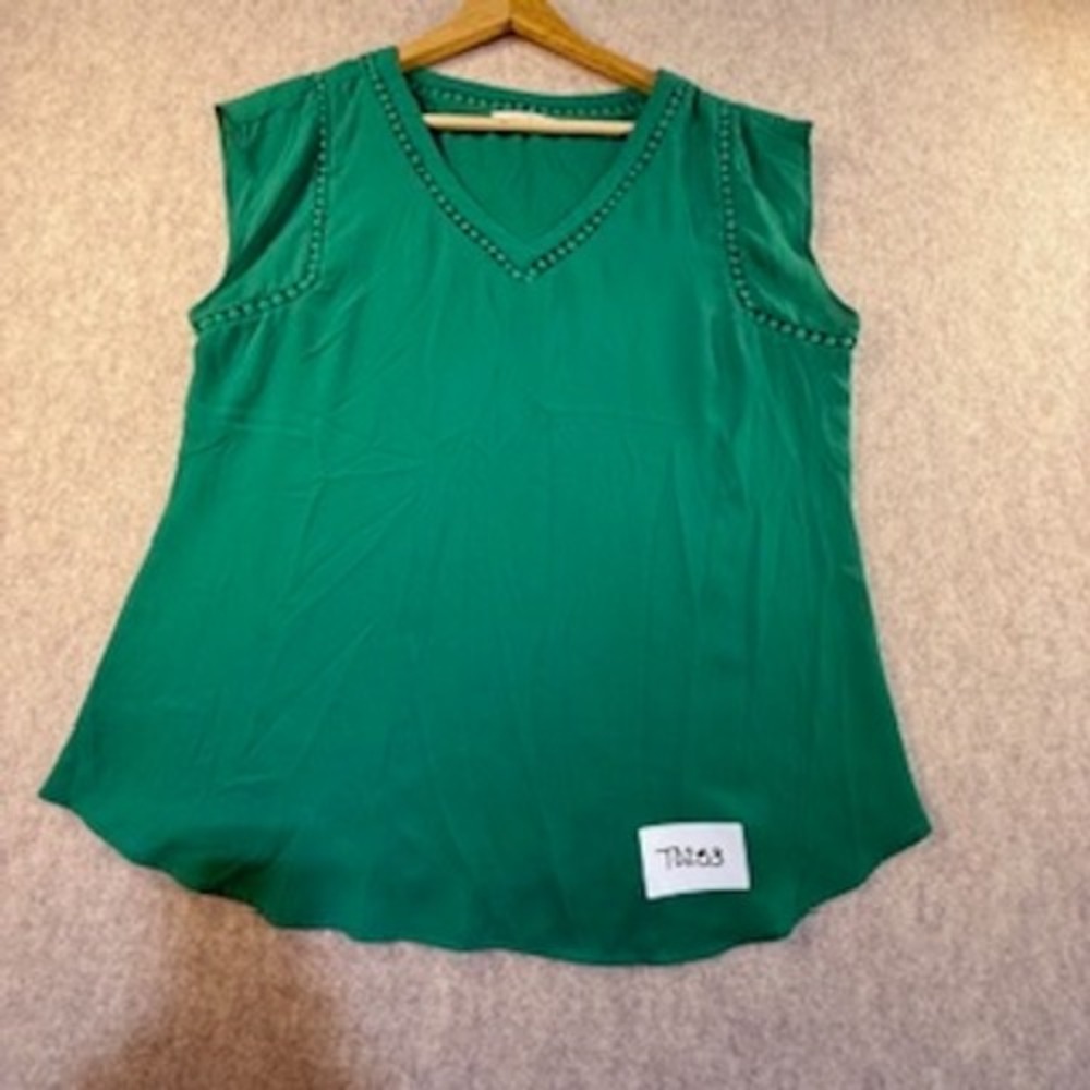 41 Hawthorn Green V-Neck Sleeveless Blouse Pom Pom Trim Medium